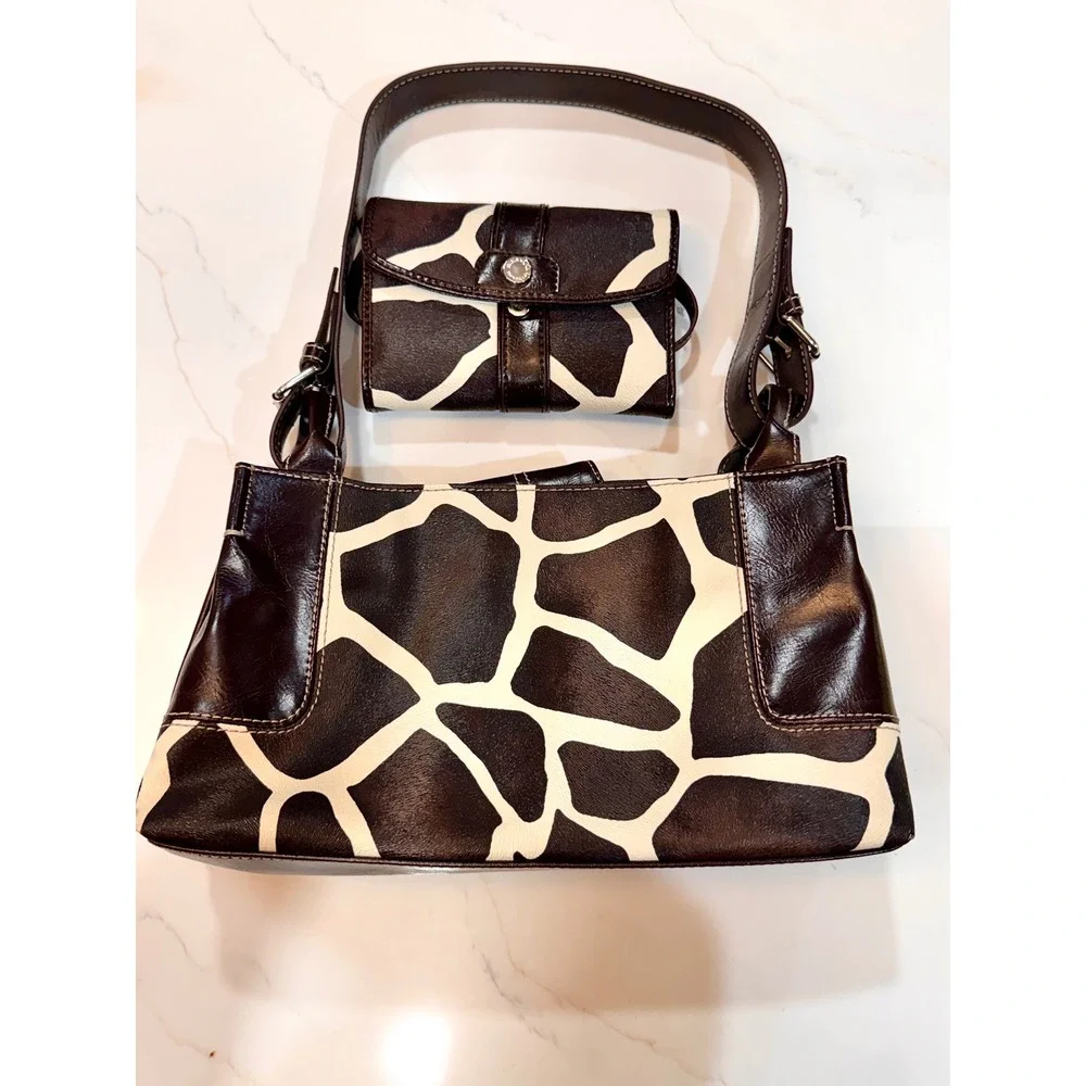 Nine & Co Giraffe Print Handbag and Wallet Set Brown Cream Y2K Vintage Purse - Picture 2 of 16